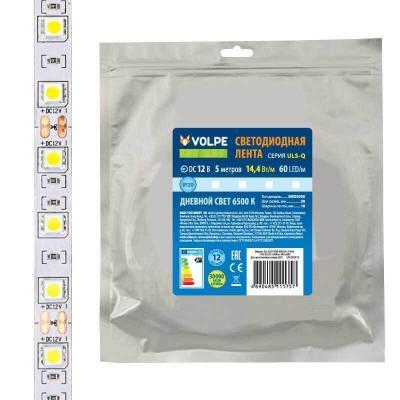 Светодиодная лента Volpe (UL-00004352) 14,4W/m 60LED/m 5050SMD холодный белый 5M ULS-Q221 5050-60LED/m-10mm-IP20-DC12V-14,4W/m-5M-6500K
